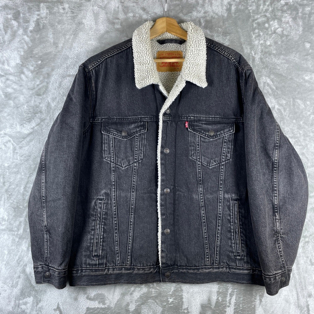 Levi's Sherpa Lined Trucker Jacket Men XL Black Denim Faux Fur Collar